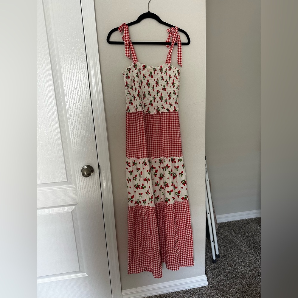 Strawberry gingham print midi dress